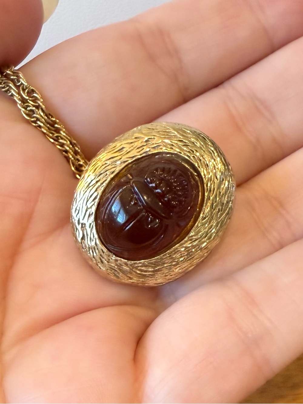 Vintage Brown Scarab Fob Pendant Goldtone Necklace Egyptian Revival Etruscan